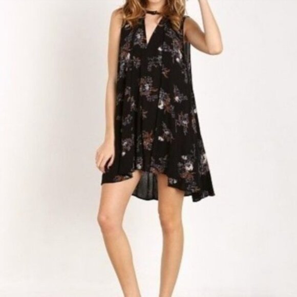 Free People Sz S Sleeveless Black Floral Swing Mini Dress Pockets Gauzy Boho - Picture 3 of 14
